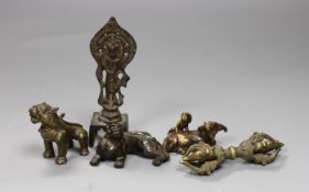 Five Chinese or Tibetan bronze figures or Buddhist implements, tallest 13cms high,