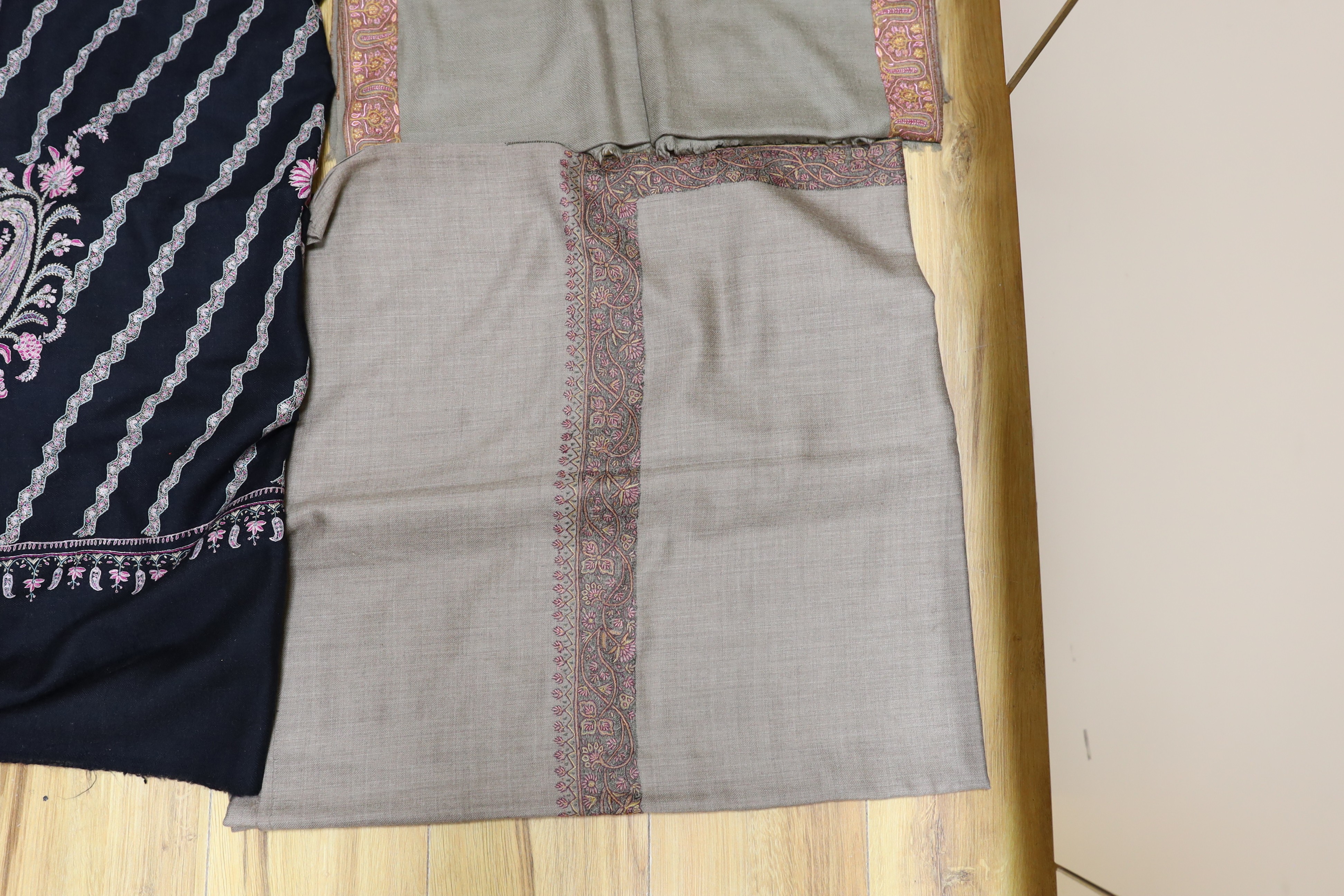 Four Indian wool and cashmere shawls, three silk embroidered, - Image 2 of 5