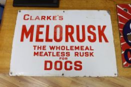 Enamel advertising sign ‘Clarke’s Melorusk, The Wholemeal Meatless Rusk for Dogs’, 46 x 66cm