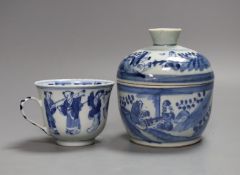 A 19th century blue and white jar with cover and a similar cup,Jar and cover 13 cms high,