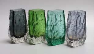 Four Whitefriars 'Coffin' vases, various colours, each 13cm high.