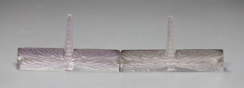 A pair of signed R. Lalique Libellule dragonfly knife rests, 10cms wide,