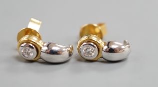 A modern pair of two colour 750 metal and single stone diamond set earrings, 12mm, gross weight 2.