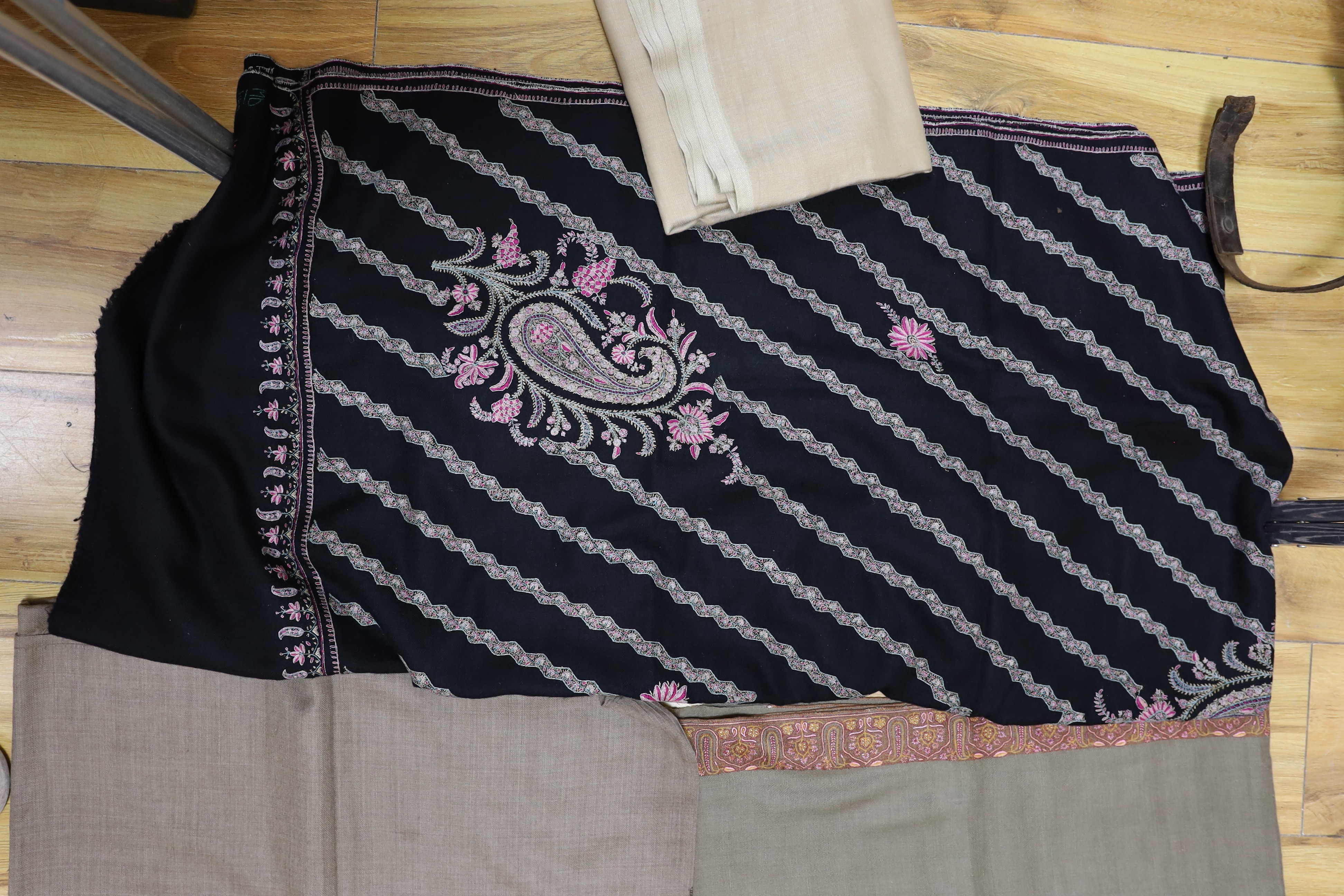 Four Indian wool and cashmere shawls, three silk embroidered, - Image 4 of 5