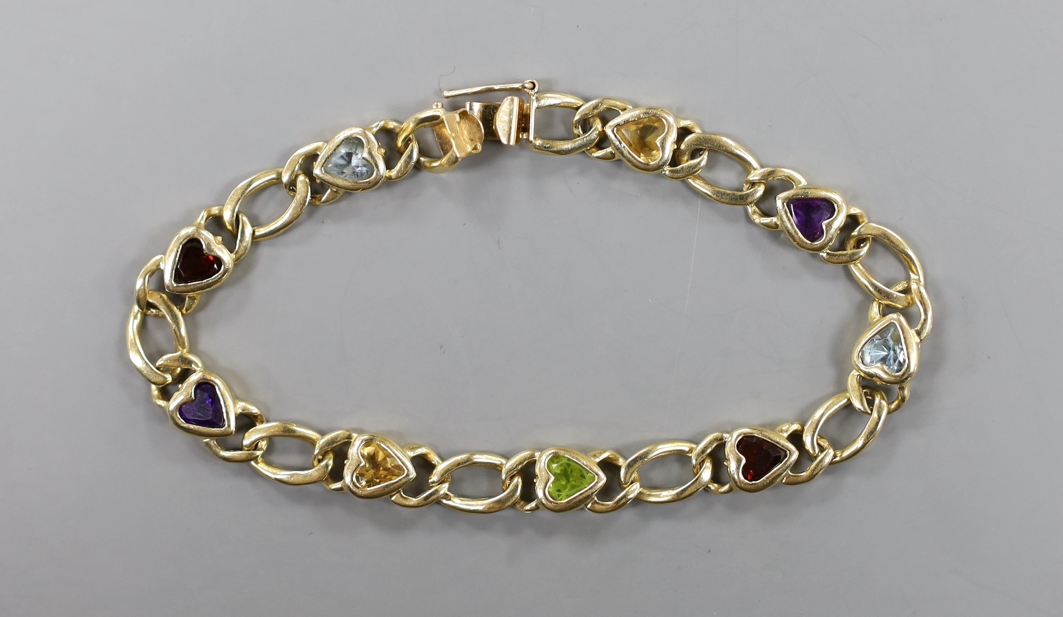 A modern Baith 14k and multi heart shaped gem set bracelet, 19cm, gross weight 15.9 grams. - Image 2 of 3
