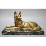 After D H Chiparus, a gilt metal figure of a German Shepherd dog, on marble base,36 cms wide,