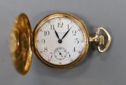 An early 20th century engraved 14k Waltham keyless hunter fob watch, with Arabic dial and engraved