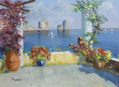 Severino Silvani, oil on canvas, View from a Mediterranean terrace, signed, 30 x 40cm