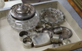 A George V silver mounted glass bowl and cover and other sundry silver including napkin rings, vesta