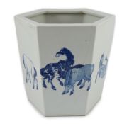 A Chinese blue and white hexagonal jardiniere, Kangxi mark but 19th/20th century, painted with the