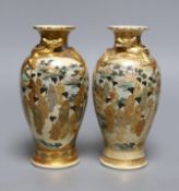 A pair of Japanese Satsuma pottery small vases, Meiji period, 18cms high,