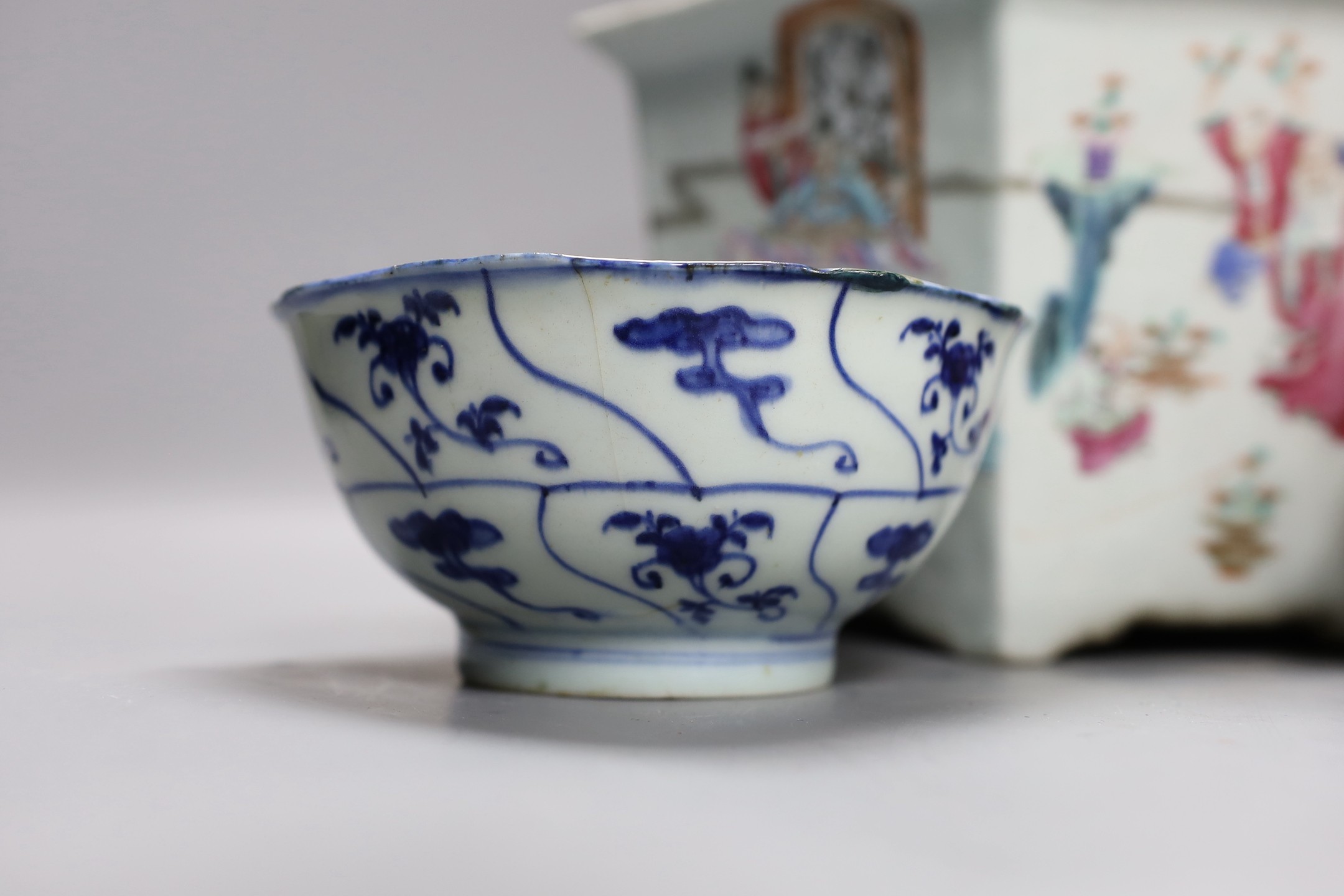 A 19th century Chinese famille rose planter, a jar and cover, two bowls and a crackle ware censer - Image 6 of 8