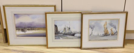 Peter Toms (b.1940), three watercolours, 'Evening II', 'Working Sail' and 'Alongside', all signed,