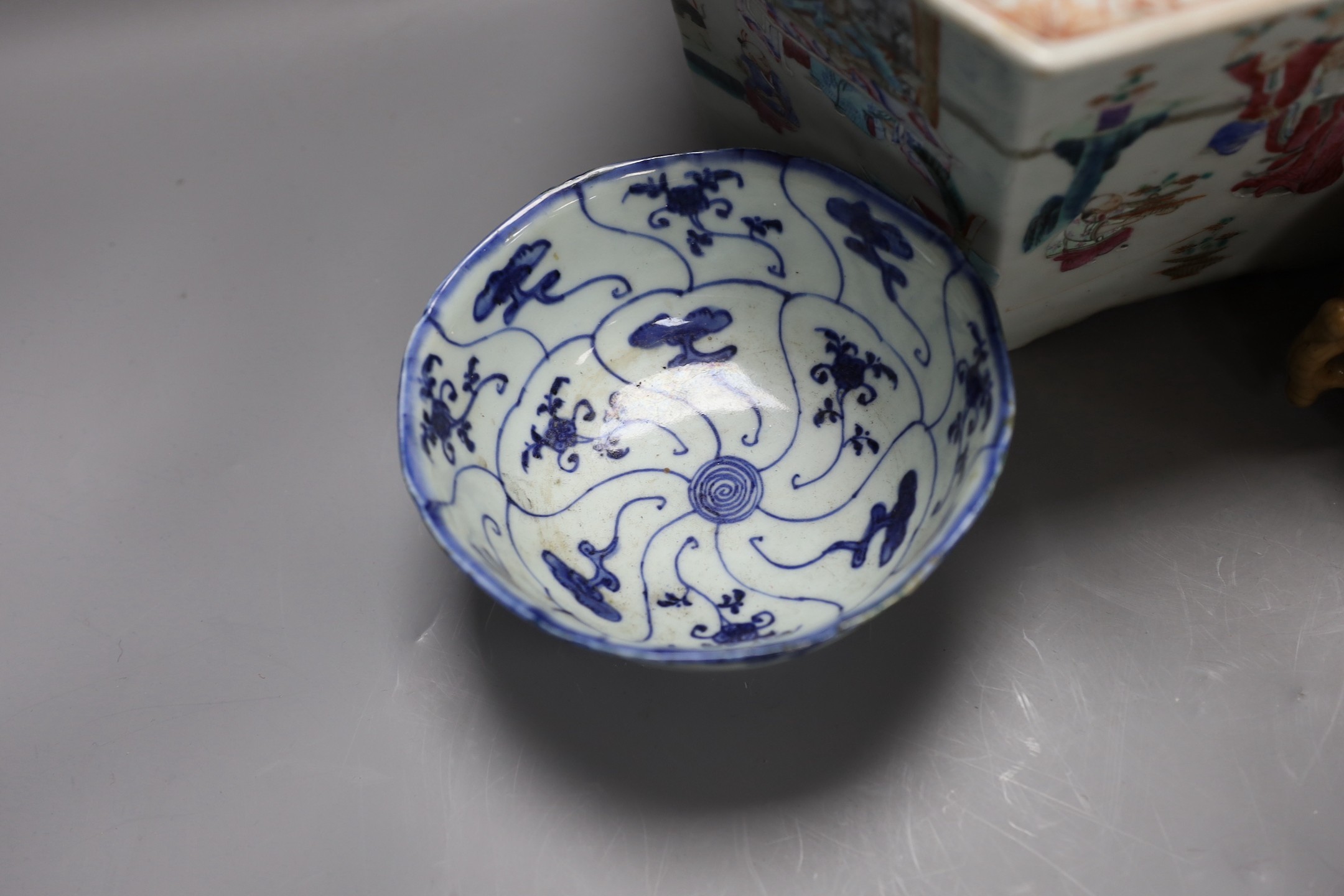 A 19th century Chinese famille rose planter, a jar and cover, two bowls and a crackle ware censer - Image 7 of 8