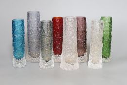 A group of eight Whitefriars 'bark' vases designed by Geoffrey Baxter, various colours, two 15cm