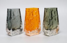 A trio of Whitefriars 'Coffin' vases, various colours, each 18cm high.