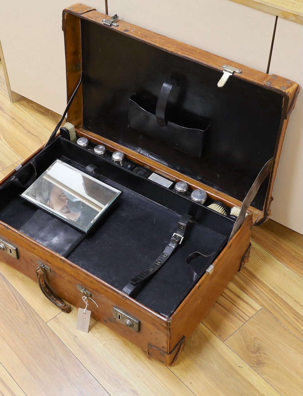 A Dupont travel suitcase, initialled ‘L.C.’ with French white metal mounted bottles - Image 4 of 4