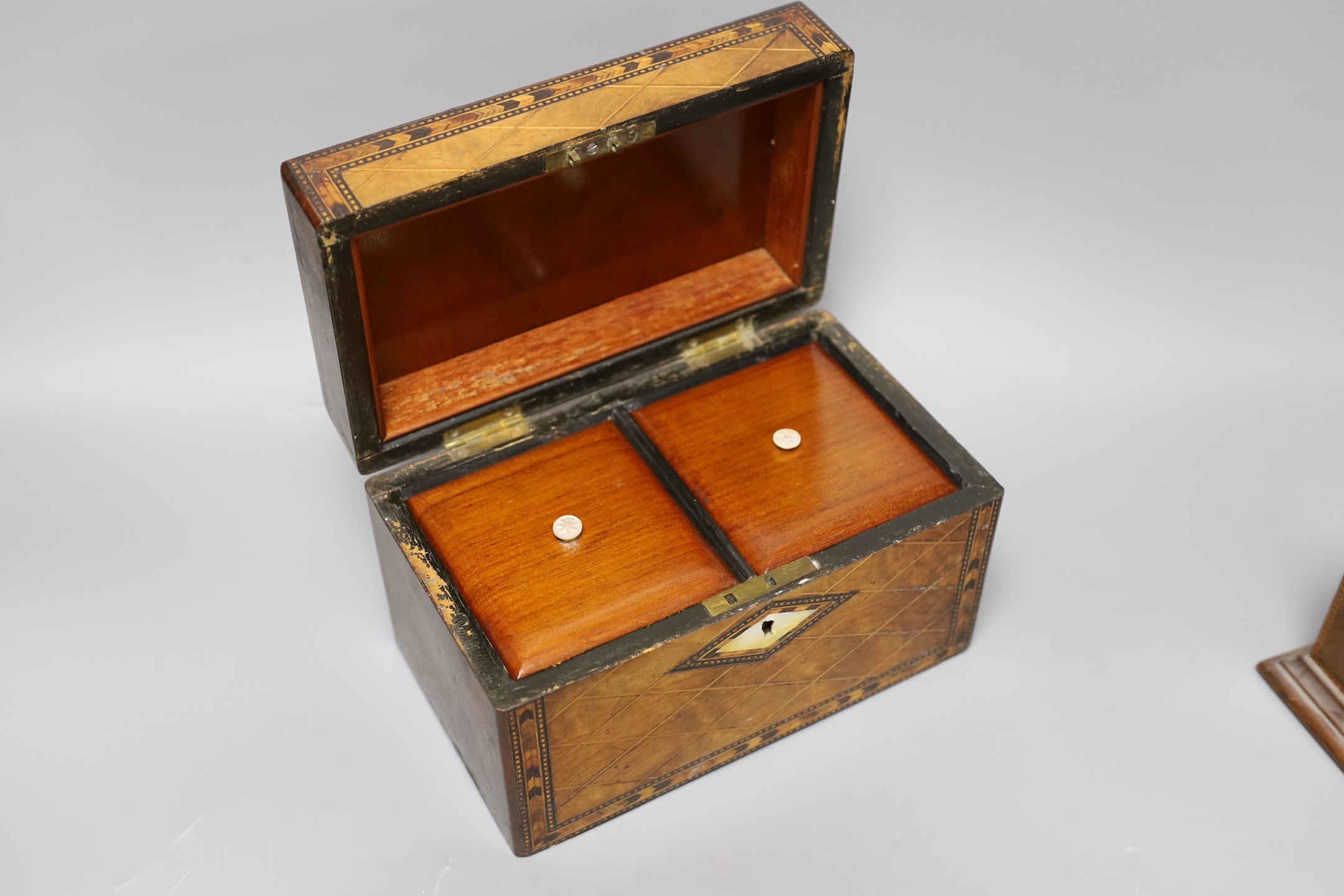 A Victorian walnut and marquetry tea caddy and an inlaid mahogany mantel timepiece,box 20 cms wide - Image 2 of 5