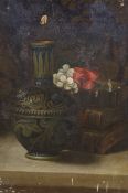 English School c.1890, oil on canvas, Still life of a Doulton vase, flowers and bindings, 37 x 26cm