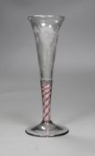 A red and white air twist Jacobite flute, 18th century,19cms high,