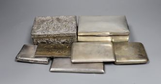 Six assorted cigarette cases or boxes, including two silver boxes, largest 14.2cm, three silver