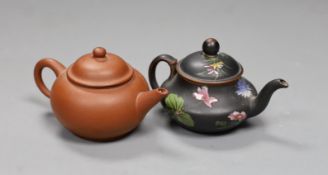 Two Chinese Yixing miniature teapot and a Wedgwood enamelled black basalt miniature teapot, 6cm