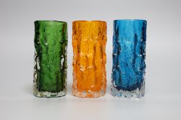 Three Whitefriars 'bark' cylinder vases, model 9689 designed by Geoffrey Baxter, kingfisher blue,