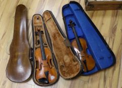 Two cased three quarter size violins, one labelled the London violin co Ltd, length of back 33.5