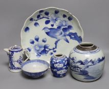 A Japanese Edo period blue and white dish, a Chinese Prunus blossom jar, late 19th century, a