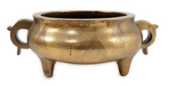 A large Chinese bronze censer, ding, 18th century, with sixteen character Xuande mark, applied