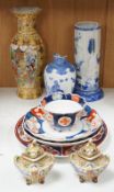 A group of Japanese ceramics to include Imari dishes a Seto ware blue and white vase etc. tallest