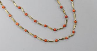 A modern Italian 750 yellow metal and coral bead necklace, 39cm and matching bracelet, 17.75cm,
