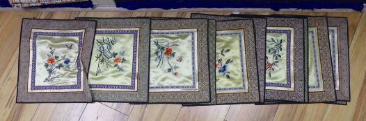 Eleven Chinese silk embroidered panels,