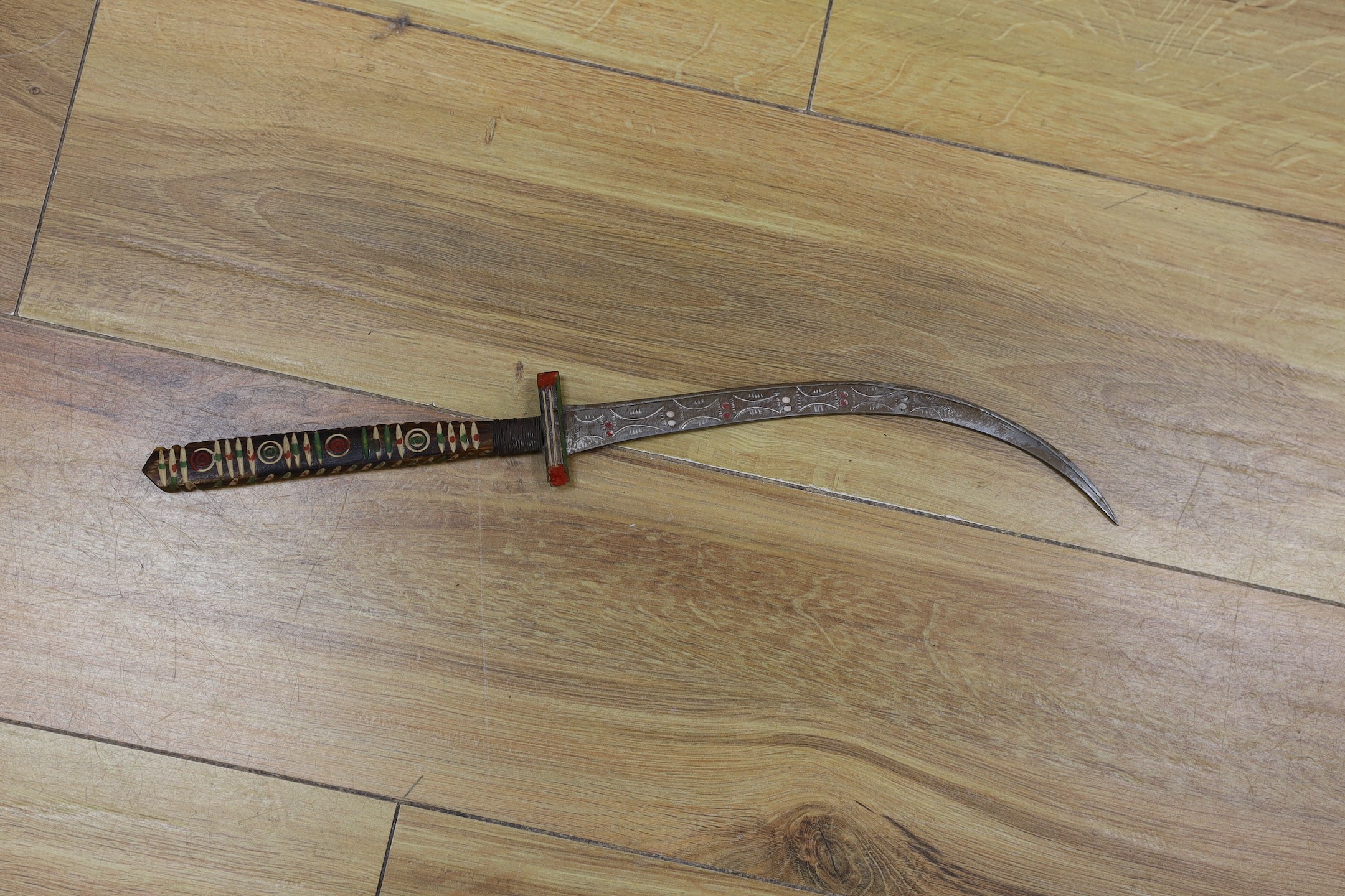 A George V military dress sword in brown leather covered scabbard, 102cm long, and a Middle - Image 3 of 10