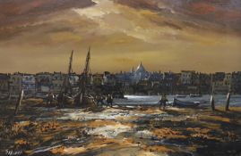 Edward Elliott, oil on board, City viewed from beached fishing boats, signed, 50 x 75cm