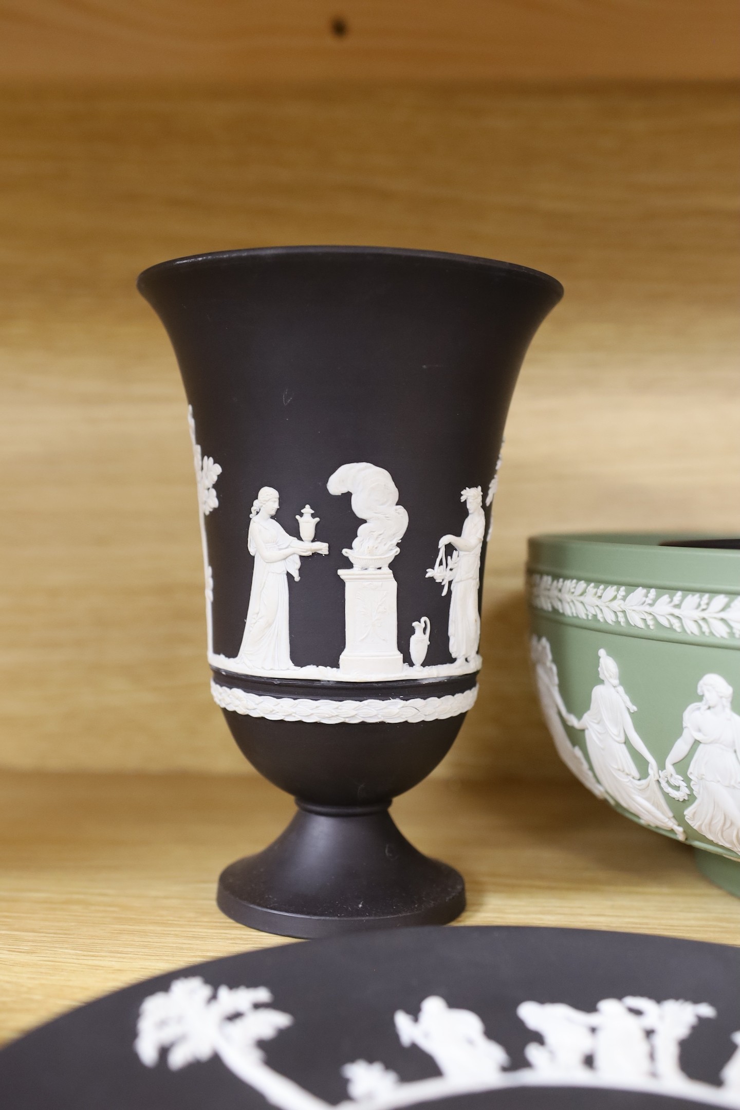 A Wedgwood black basalt pair vases, bowls, 3 plates and green bowl and glass bowl, vase 18 cms - Image 5 of 5