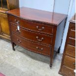 An Edwardian satinwood banded serpentine front inlaid mahogany three drawer chest, width 91cm, depth