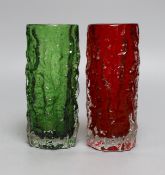 Two Whitefriars 'bark' cylinder vases, model 9689, designed by Geoffrey Baxter, in red and green