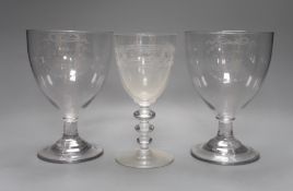 A pair of late Georgian large presentation glass Rummers, initialled EEH and a 20th century glass