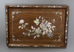 A Chinese mother of pearl inlaid oak tray with bordered decoration, 29.5cm wide