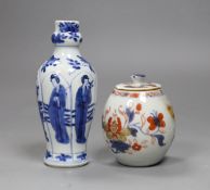 A Chinese Kangxi blue and white small vase, 15cm tall, and an 18th century Chinese Imari pot and