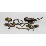 A group of bronze figures of two lizards, a centipede, a tortoise, and a crayfish, latter 16cm