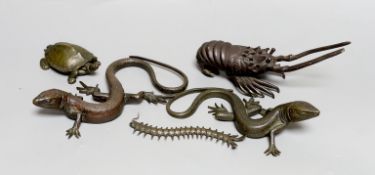 A group of bronze figures of two lizards, a centipede, a tortoise, and a crayfish, latter 16cm