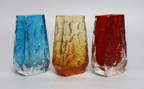 A trio of Whitefriars ‘Coffin' vases, various colours, each 18cm high.