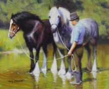 Tony Sheath (b.1946), oil on board, Farmer watering horses, signed, 25 x 29cm