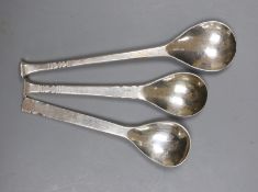 Three assorted modern Art s& Crafts Guild of handcrafts spoons, London, 1968, 1978 & 1980, one