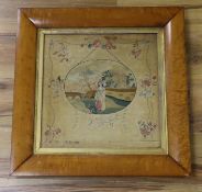 A maple framed George III silk panel of lady in harvest by Margaret Wilson, 1799inscription verso,