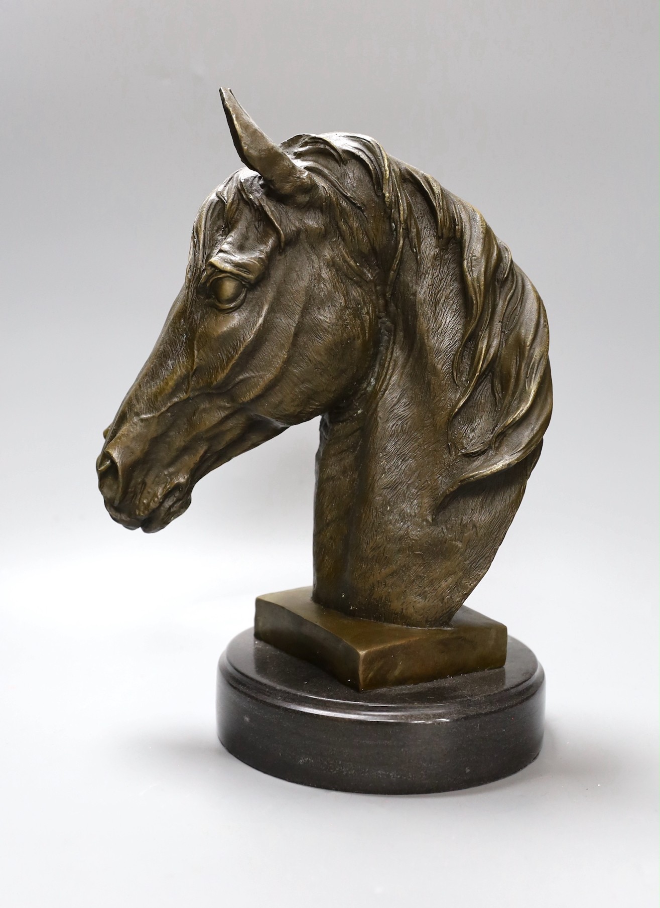 After Barye, a bronze of a horse's head on plinth base, 32cm tall - Bild 2 aus 3
