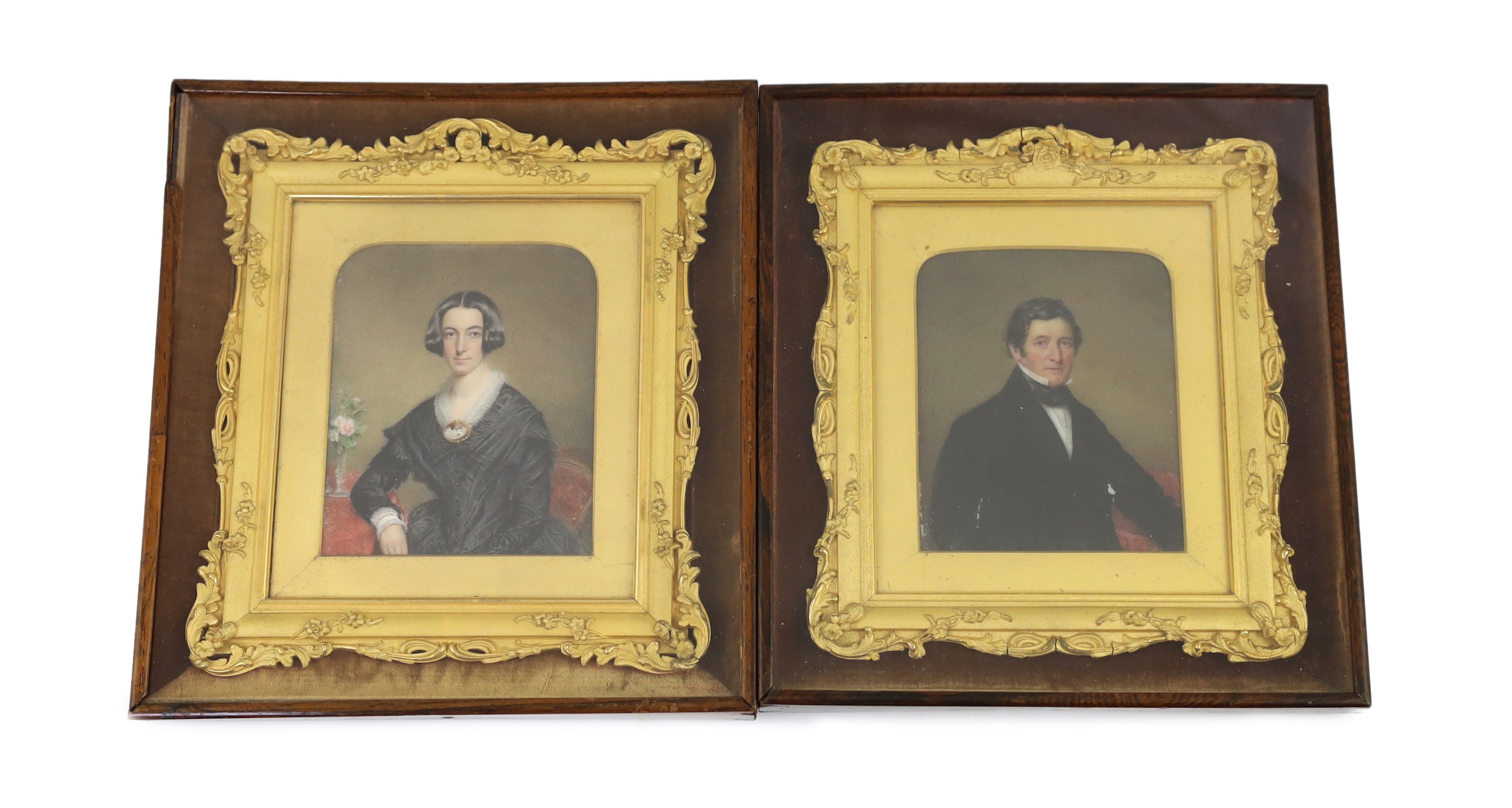 Mid 19th Century English School Miniature family portraitswatercolour on white marbleA gentleman and - Image 2 of 7