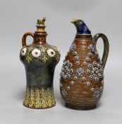 A Doulton Lambeth stoneware decanter and a similar jug, dated 1877, jug 24cms high,